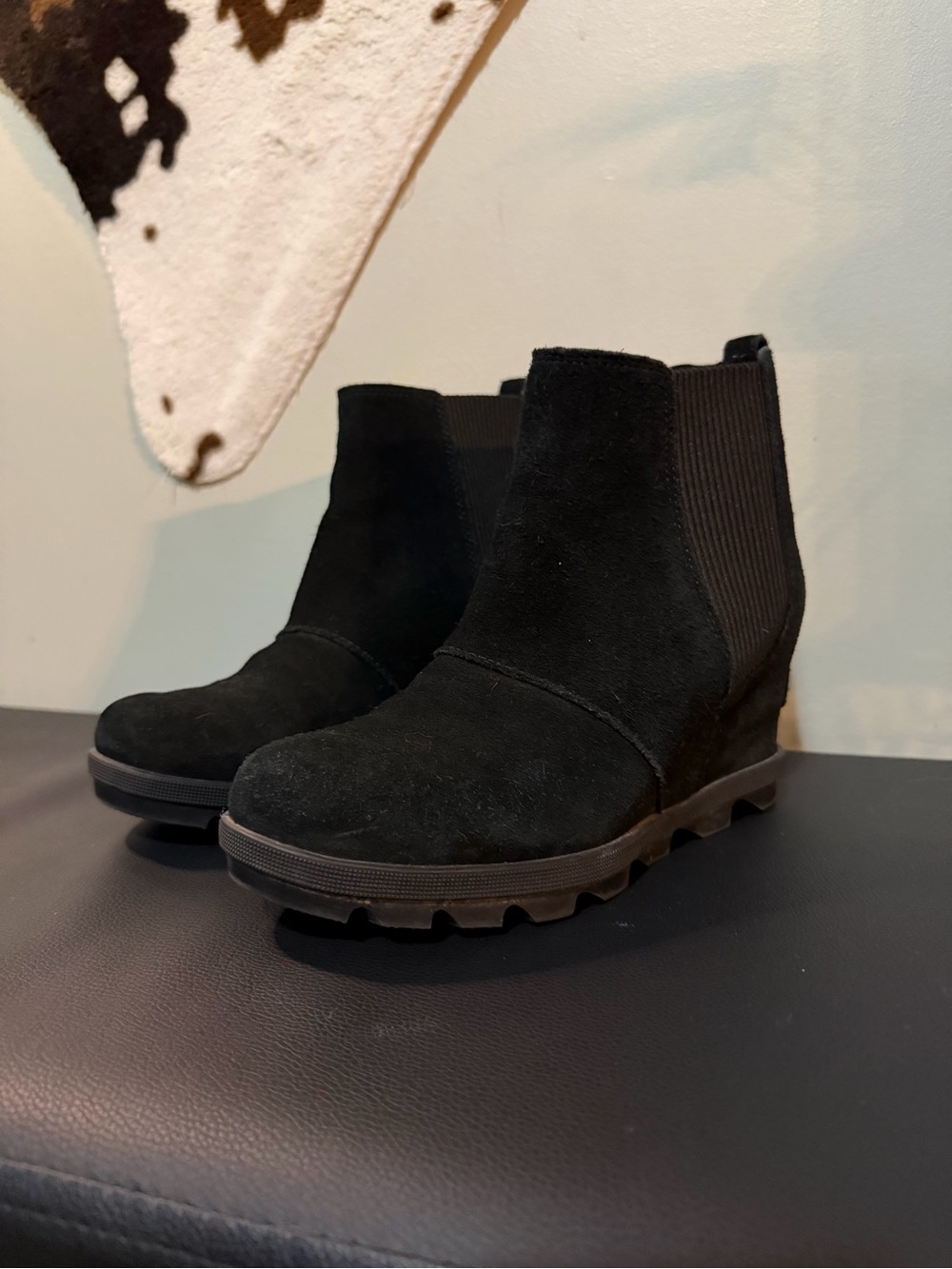 Sorel Black Suede Wedge Chelsea Booties